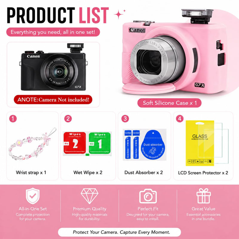 Silicone Camera Case for Canon G7X Mark III with Removable Lens Cover,BraceletWrist Strap,2 Tempered Glass Screen Protectors,Protective Travel,DailyPhotography Camera Accessories (Pink) Pink