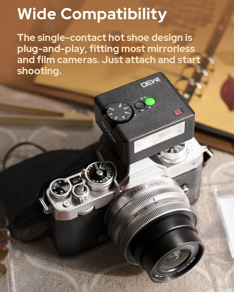 Godox iM30 Mini Flash for Single-Contact Hotshoe Cameras | Compatible Canon, Nikon, Sony, Fuji, Olympus, 7-Level Power Adjustment, 230 Full Power Flashes, S1/S2 Optical Slave Modes