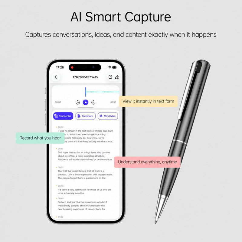 SKARA AI Voice Recorder with Real-Time Transcription, AI Summary & Mind Map, AI Note Taking Device Supports 150 Languages, Smart Digital Voice Recorder for Meetings, Lectures & Interviews Black