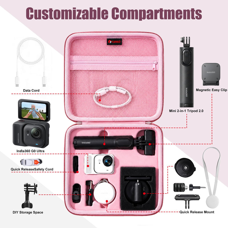 XANAD Hard Case for Insta360 GO Ultra/GO 3S/GO 3 Action 4K Vlog Camera,Pink | Carrying Cases for Insta360 GO Ultra/GO 3S /GO 3 Action Vlogging 4k Cameras Accessories with Rubber Hand Strap-Travel Partner Pink