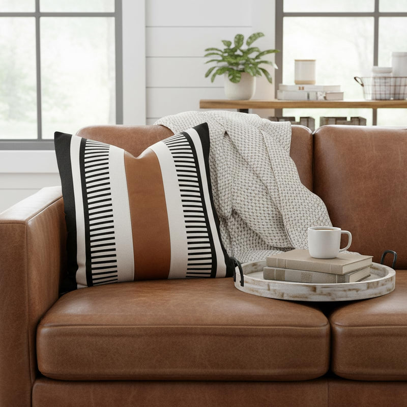 Set of 2 Boho Decor Faux Leather and Cotton Throw Pillow Covers 24x24 Rustic Canvas Cushion Cover Black White Farmhouse Stripe Pillow Case for Sofa Couch Chair Bedroom 24" x 24" (Pack of 2)