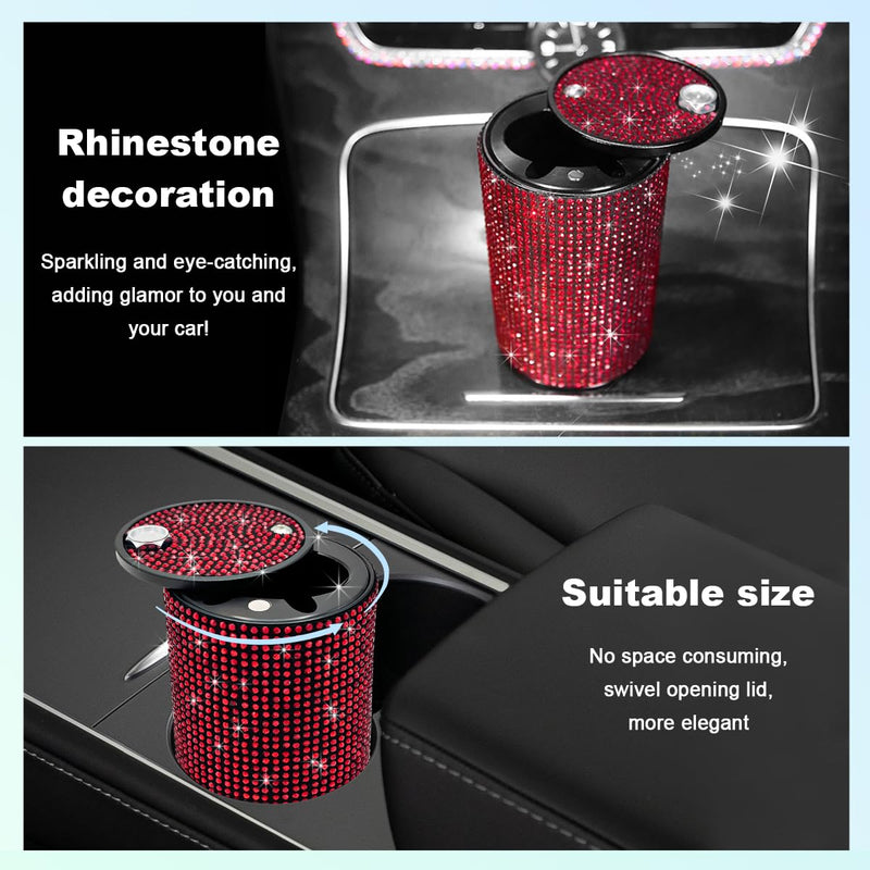 Car Cigarette Ashtray with Lid, Stainless Steel Bling Crystal Diamond Smokeless Fireproof Vehicle Ashtray Holder, Portable Sparkling Ashtray Cup Holder for Car Home Office (Red) Red