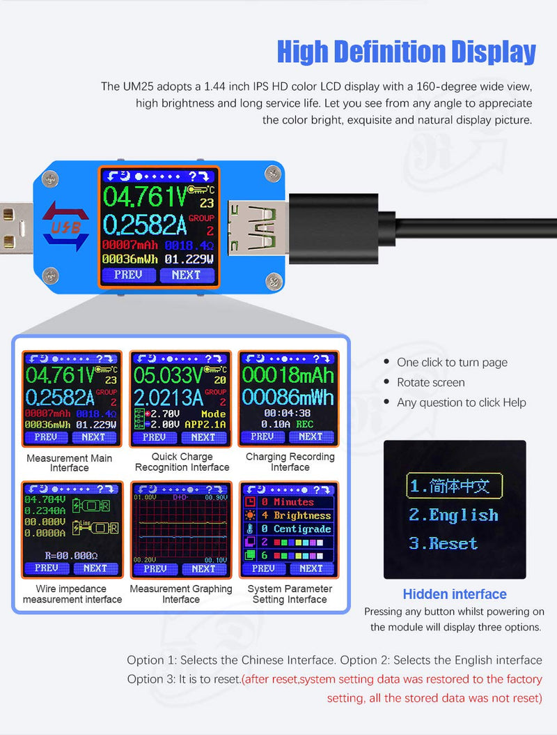 RD UM25 UM25C USB Meter Tester Voltage Current Battery Power Charger Voltmeter Ammeter Multimeter Tester