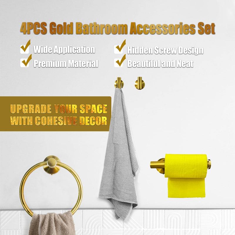 4Pcs Gold Bathroom Accessories Set, Brushed Gold Bathroom Hardware with Toilet Paper Holder,Towel Ring & Robe Hooks,Wall Mounted Stainless Steel Bathroom Hardware for Modern Home