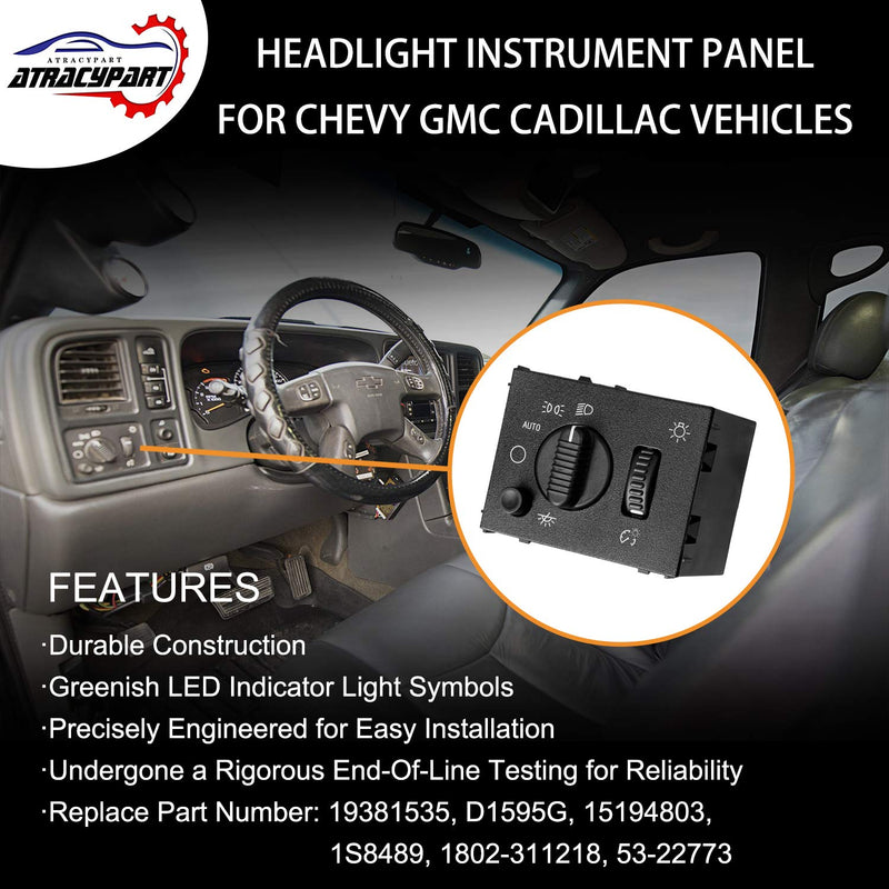 Headlight Switch Headlamp Dimmer Switch with Green LED Backlight | Fits 2003-2007 Chevy Silverado 1500 2500 3500 Suburban Tahoe Avalanche GMC Sierra Yukon Cadillac Escalade | Replaces#15194803 D1595G Headlight Switch