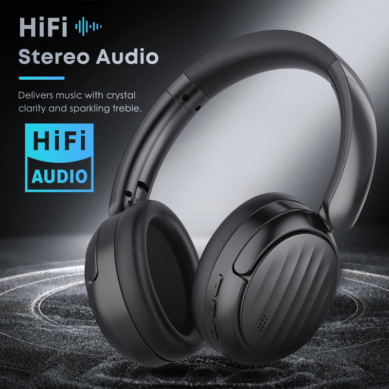 Bluetooth Headphones, Hybrid Active Noise Cancelling Over Ear Headphones | 35H Playtime, HiFi Stereo Foldable wireless Headphones with Foam Ear Cups for Sports, Office, Travel Solid black