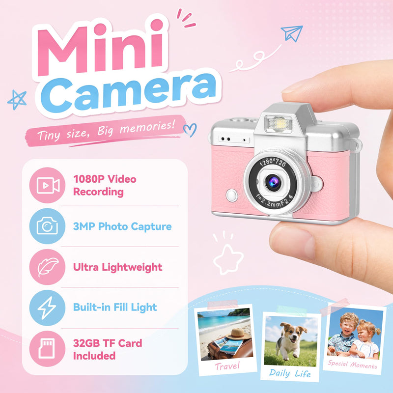 Mini Flip Screen Digital Camera, 1.47 Inch Pocket Retro Camera with USB-C Charging, 1080P/720P Video, MicroSD Support Up to 128GB, Portable Keychain Camera (Pink) Pink