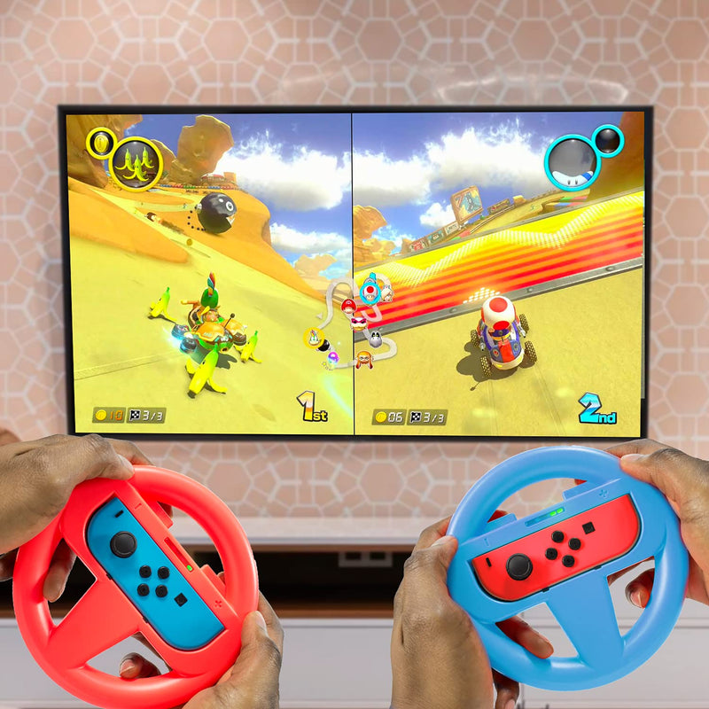 Orzly Steering Wheels for Nintendo Switch & OLED JoyCons, Racing Wheels for Mario Kart 8 Deluxe [Mariokart Switch Steering Wheel Joycon Controller Attachment Accessories] - TWIN PACK[1x Red & 1x Blue] 1x BLUE & 1x RED Steering Wheel for Nintendo Switch