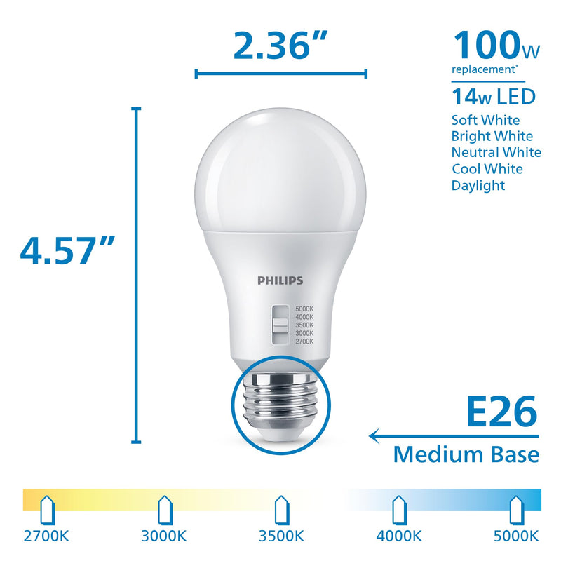 PHILIPS LED 100W A19 4-Pack Selectable White Multi-CCT 1500 Lumen (14W = 100W) Dimmable Flicker-Free Light Bulbs
