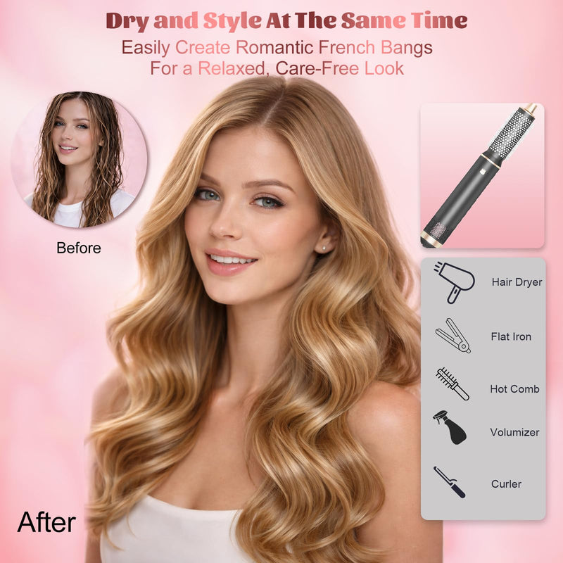 5 in 1 Hair Styler & Hot Air Brush - Air Curling Wrap with Low-Speed Negative Ion Technology, Hair Dryer Brush for Drying, Curling, Straightening & Styling, Hair Styling Tools at Home (Slate) Slate