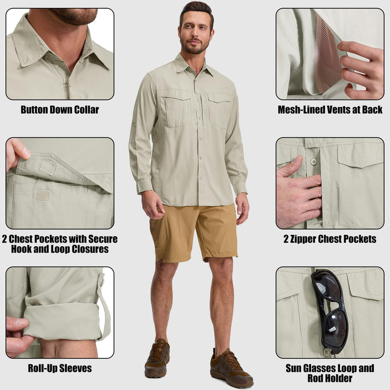 mixtiq Men's Sun Protection Safari Shirts Long Sleeve UPF 50 UV Quick Dry Travel Hiking Fishing Shirts with Zipper X-Large Light Khaki
