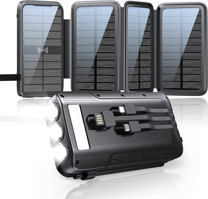 superallure Solar Charger, Power Bank, Portable Charger,43800mAh QC3.0 Fast Charger Qi 10W Wireless Charger 4 Solar Panel Built-in 2 Kinds Output Cable and 680Lumen flashlights Black