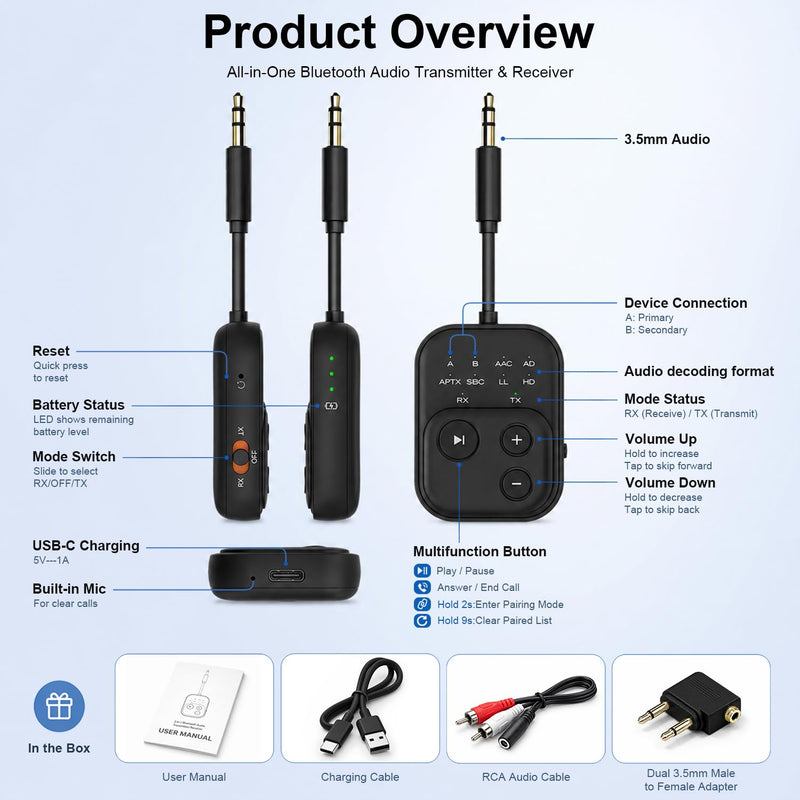 Bluetooth 6.0 Audio Transmitter Receiver, Airplane Bluetooth Adapter for TV | Dual Link for 2 Headphones, Qualcomm aptX LL, HD, 3.5mm AUX Audio Transmitter for Flight Trave, Gym, Low Latency, Black