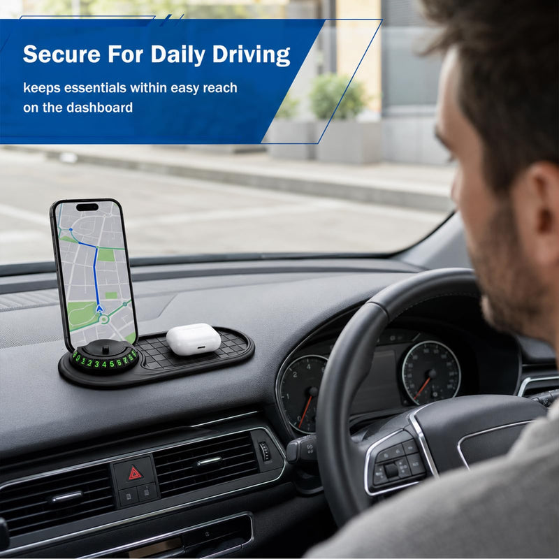 Universal Anti Slip Car Dashboard Mat with 360° Rotating Phone Holder | Multifunction Car Anti-Slip Mat with Temporary Parking Number,dashboard grip pad For Phones Sunglasses Keys(Black Gray)
