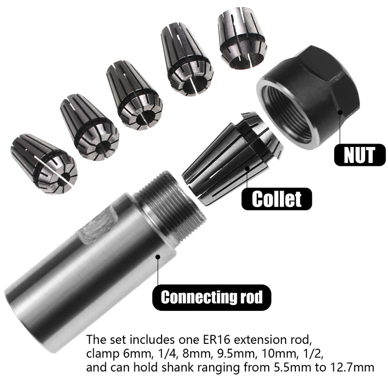 5/8"-11 Thread Angle Grinder Extension Shaft Set Electric Drill Conversion Collets Adapter Woodworking Tool Accessories Include Spring Collet (6, 1/4, 8, 9.5, 10, 1/2) 7PCS 5/8-11 Thread