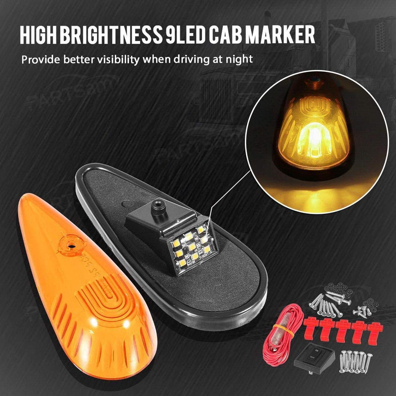 Partsam Amber Teardrop Cab Light 9LED Cab Marker Light 5pcs Front Rear Top Clearance Roof Running Light with Wiring Pack for Trucks, Vans, Pickups, semis and RVs,DOT Compliant Amber Lens/Amber Light