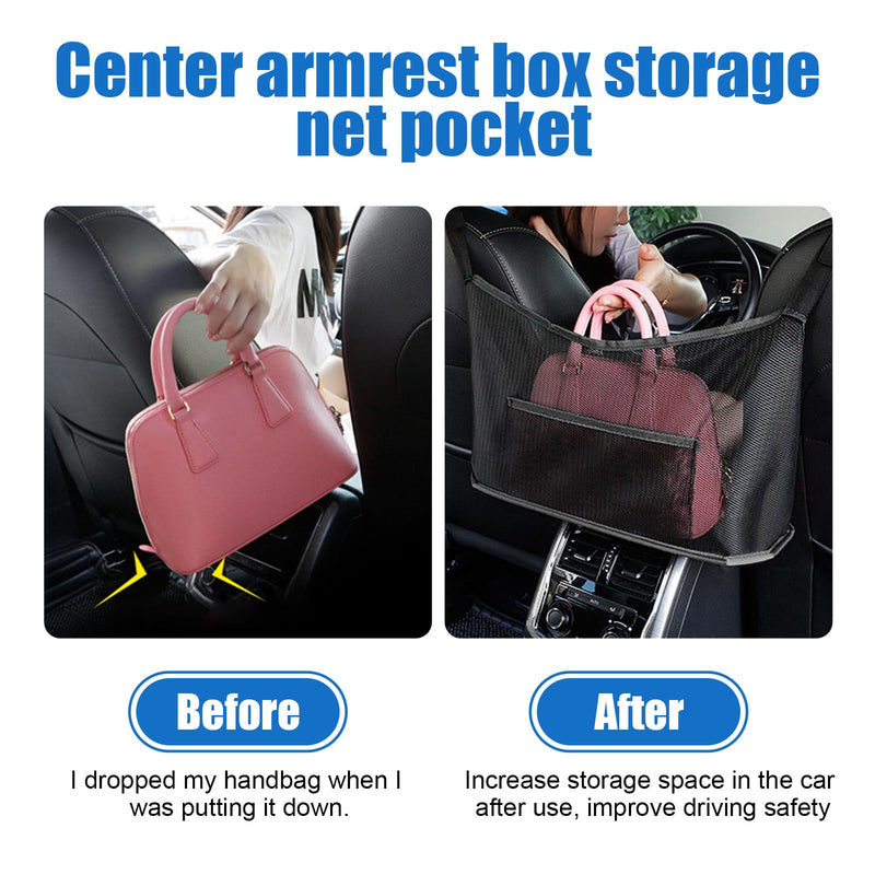 Ziciner Car Net Pocket Handbag Holder, Organizer Mesh Bag Between Two Seat, Driver Storage Netting Pouch for Handbag Purse, Barrier of Backseat Pet Kids, Car Accessories for Women Men (Black) Black