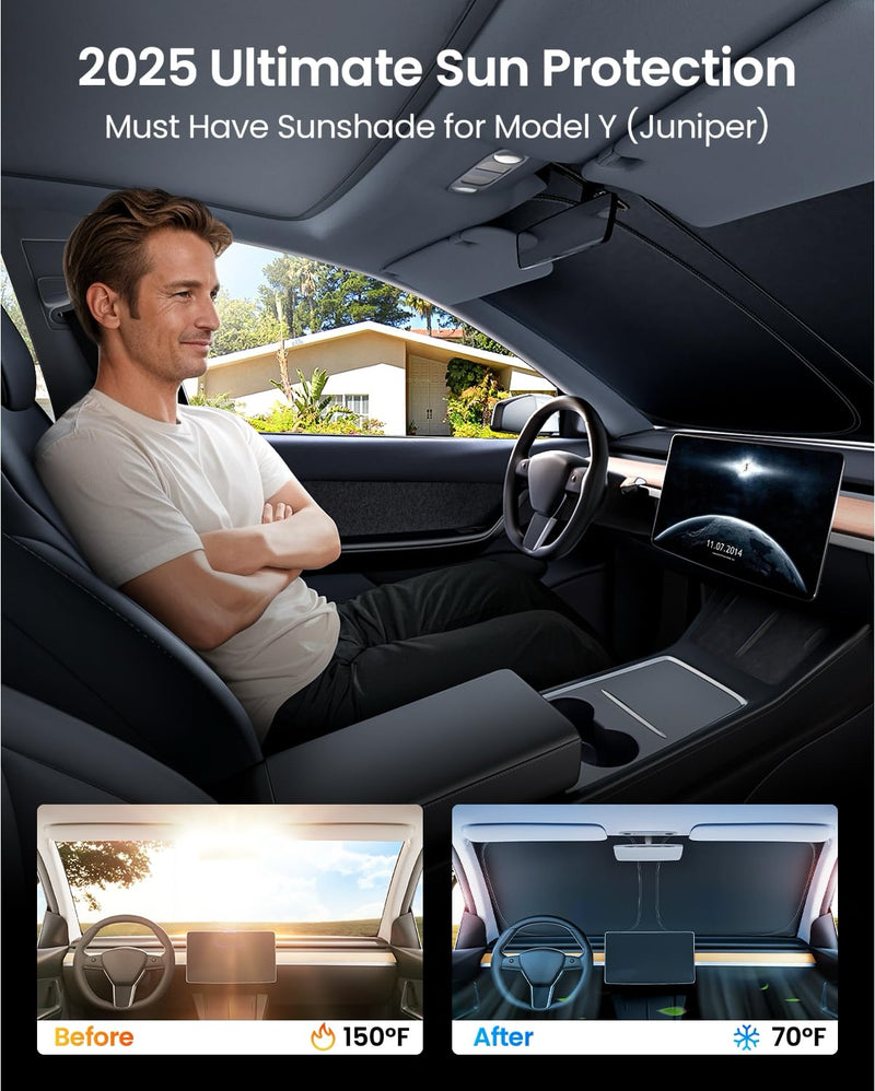 REEVAA 2025 Upgraded Tesla New Model Y (Juniper) Sunshade Windshield [Tailored Fit, 99% Sun Protection] Foldable Sun Shade Accessories with Storage Bag for Model Y 2016-2026, Silver Coating for Model Y (2016-2026)