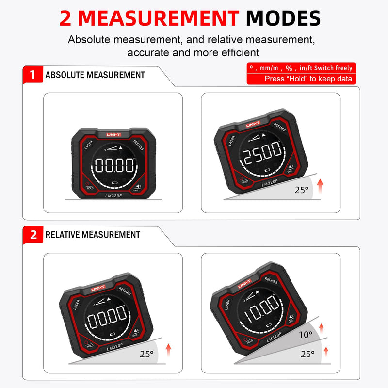 Digital Angle Finder Gauge 3 Laser Level UNI-T Magnetic Inclinometer 1000mA 3 Laser Line + 4-Side Magnets - LM320F