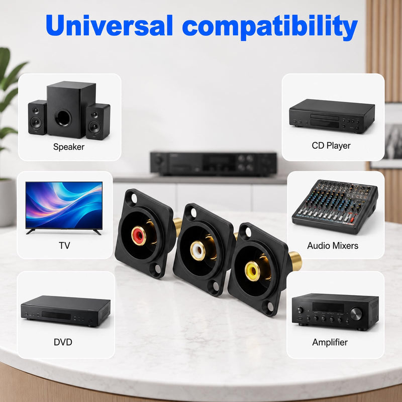 3 Pcs Gold Plated RCA Panel Mount Adapter, 3 Color RCA Female to Female Av Chassis Socket Connectors RCAs Chassis Socket Av Audio Connector for Stereo Amplifier Home Cinema TV