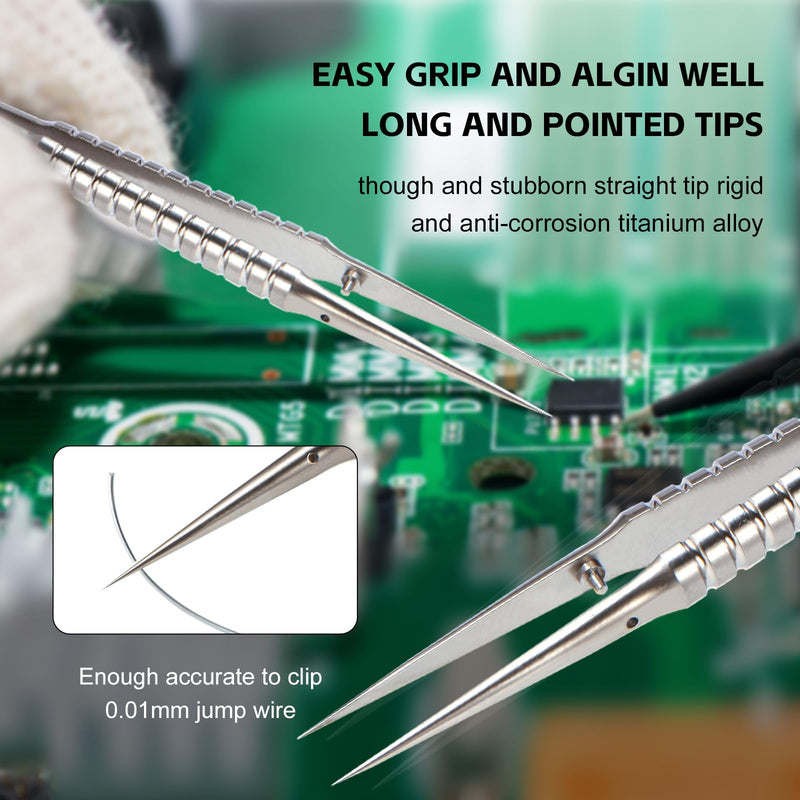 Precision Titanium Tweezers Silver with Fine Pointed Tips Non-magnetic Microscope Tweezers for Micro Soldering Work Watch Repair Electronics Maintenance Crafting