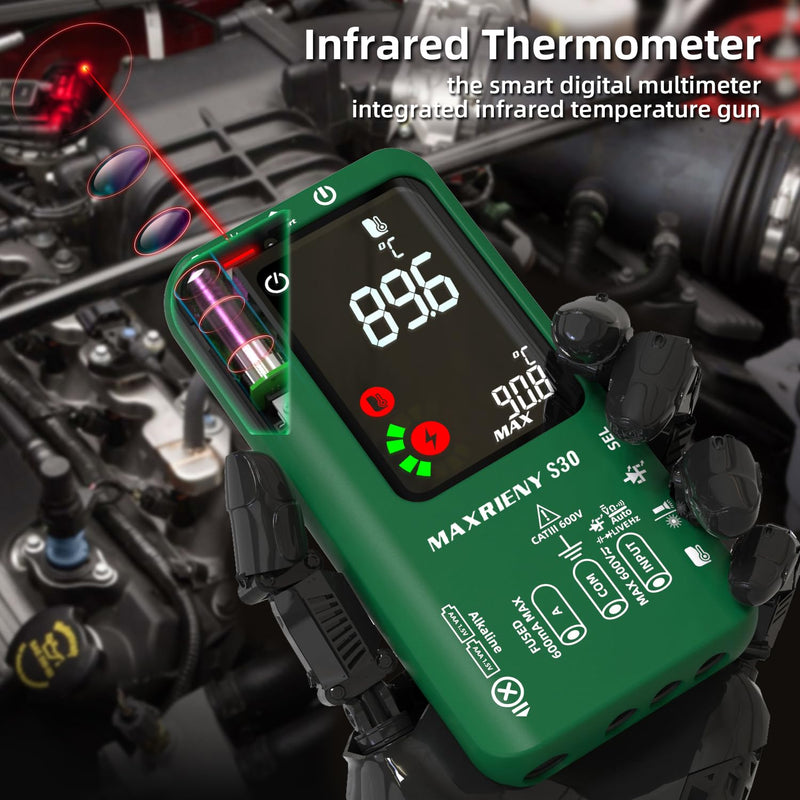 Digital Multimeter Infrared Thermometer Rechargeable Smart Voltmeter 9999 Counts Electrical Current Tester Capacitance, High/Low Voltage Diode Tester for LED Automotive Electrician Electronic Rechargeable S30 with Infrared Thermometer