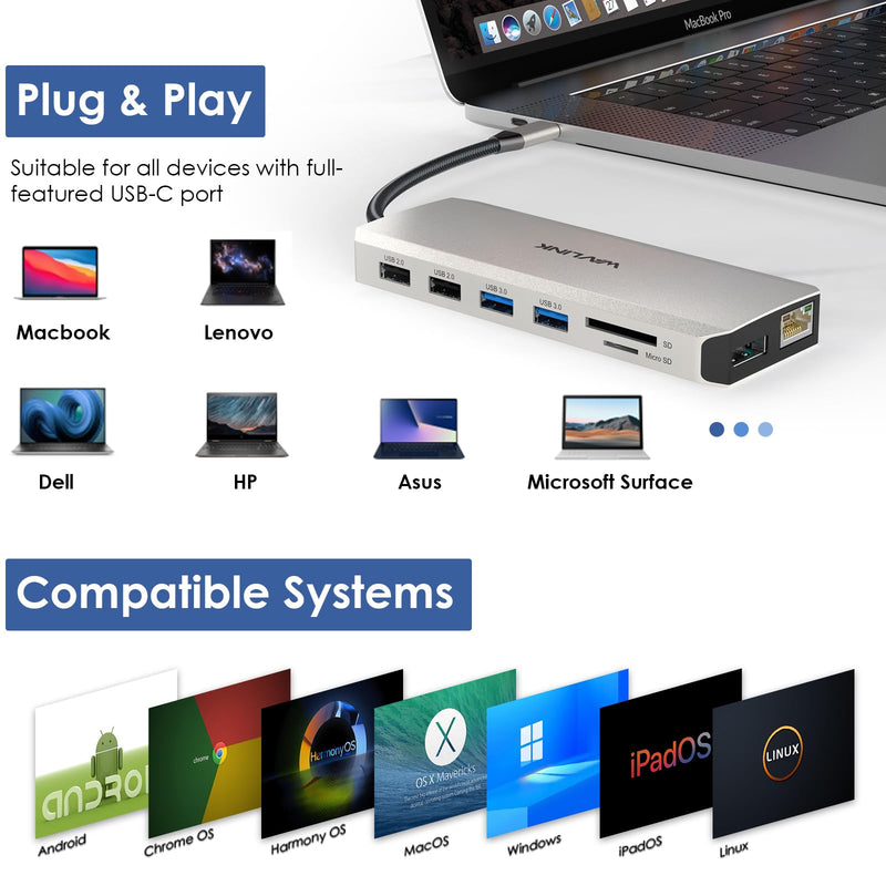 WAVLINK USB C Docking Station Dual Monitor, USB C Hub Laptop Triple Display, USB to 2 HDMI,DisplayPort, PD Charging,Ethernet,5 USB,SD/TF Card Reader,Audio for MacBook, Dell, HP, Lenovo, Surface Sliver