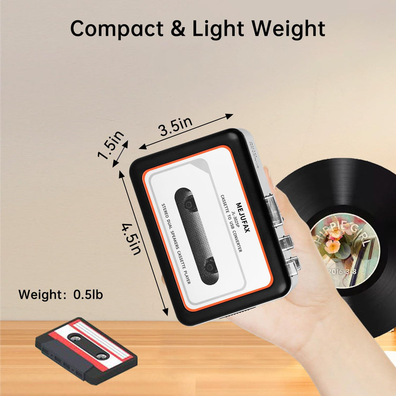 Cassette Player Recorder, Portable Cassette Tape Player with Built-in Dual Speakers, Auto Reverse, Cassette to MP3 Converter,Rewind Stereo Cassette（Black） Black