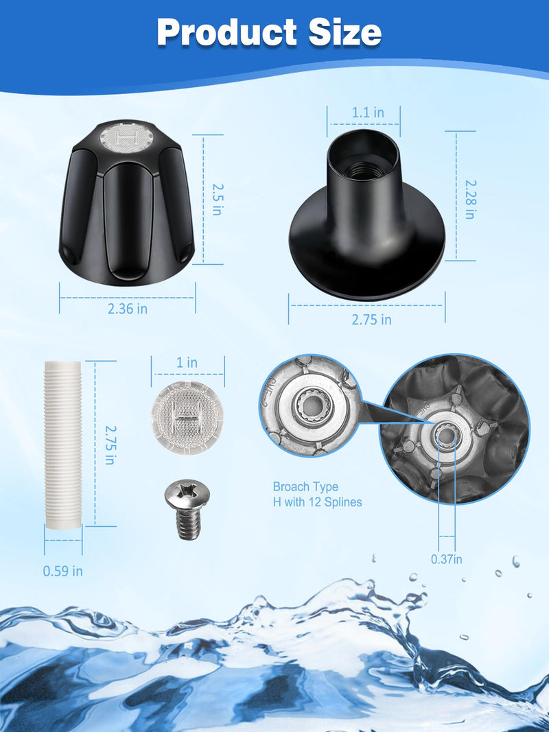 3 PCS Metal Shower Knob Replacement, Tub Faucet Handle with Hot/Cold/Diverter/Flange Base, Bathtub Knob Compatible with Price Pfister Verve Fits 5-1/2''H,12 Tooth Broach Stem (Black) Black