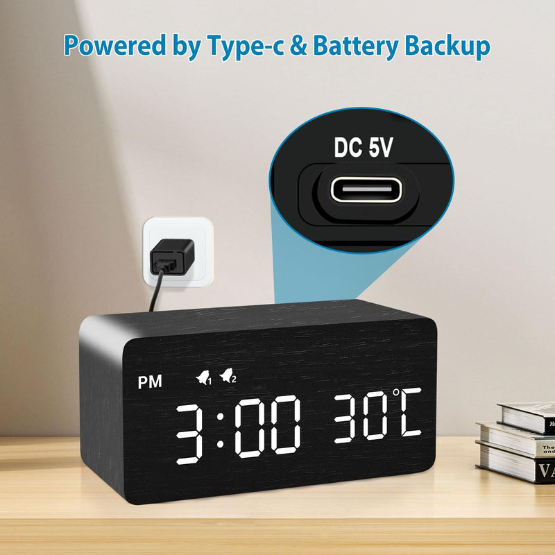 MOSITO Digital Wooden Alarm Clock with Wireless Charging, 0-100% Dimmer, Dual Alarm, Weekday/Weekend Mode, Snooze, Wood LED Clocks for Bedroom, Bedside, Desk, Kids (Black) Black
