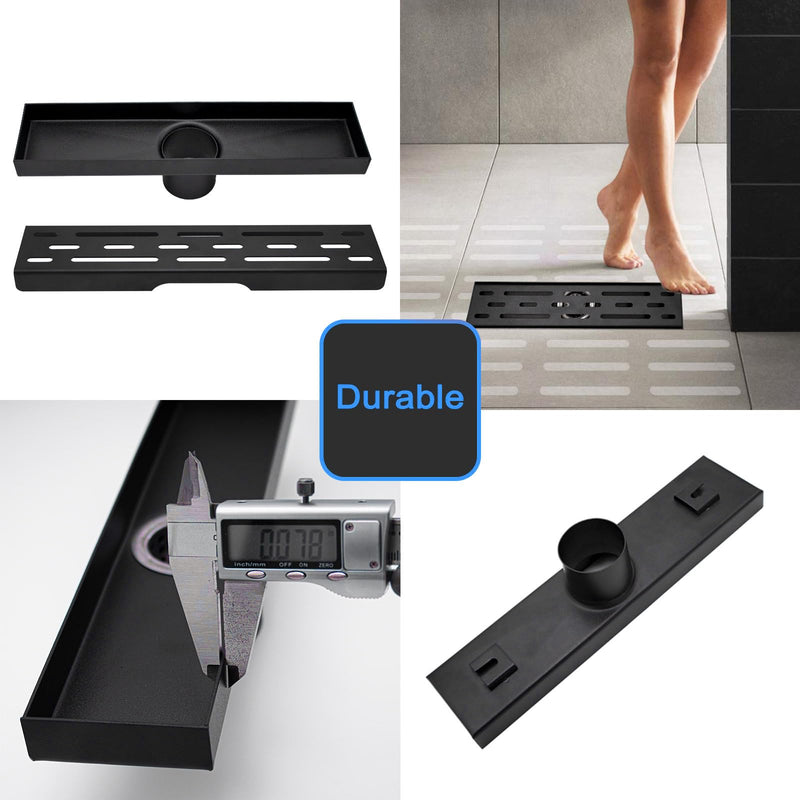12 Inch Black Linear Shower Drain, Rectangular Shower Floor Drains with Brickwork Cover, 304 Stainless Steel Black Linear Drain for Bathroom with Leveling Feet, Hair Strainer (Matte Black) 12 Inch