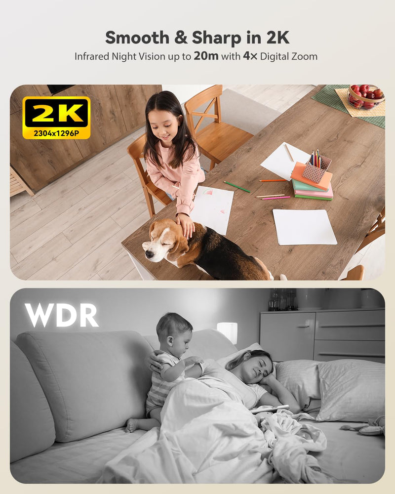 Ctronics 2K 3MP Indoor Security Camera,100% Wireless Battery Camera, 20m Infrared Night Vision, App & PC, FTP/Local Storage/Cloud, PIR Motion Detection, 2.4GHz WiFi, Two-Way Audio, Black