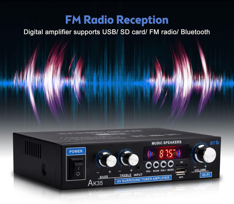 AK35 Home Audio Amplifier Receiver, 200W Home Dual Channel Bluetooth 5.0 Sound Speaker AMP, Home Amplifiers FM Radio/USB/SD/Card w/Remote Control Home Theater Audio Stereo System Components AK35-2