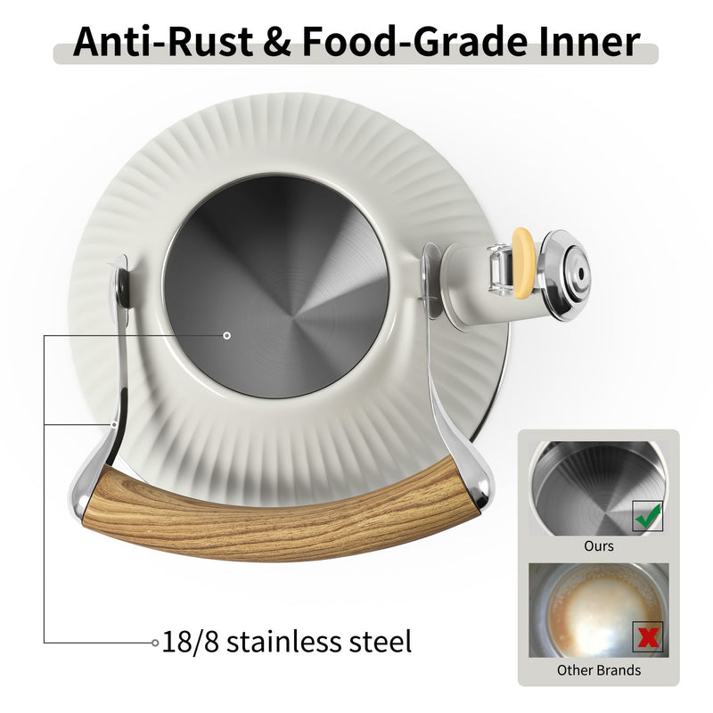 LONFFERY Tea Kettle for Stove Top, 2.5 Quart Whistling Tea Kettle, Stainless Steel and Wood Pattern Folding Handle, Creamy White