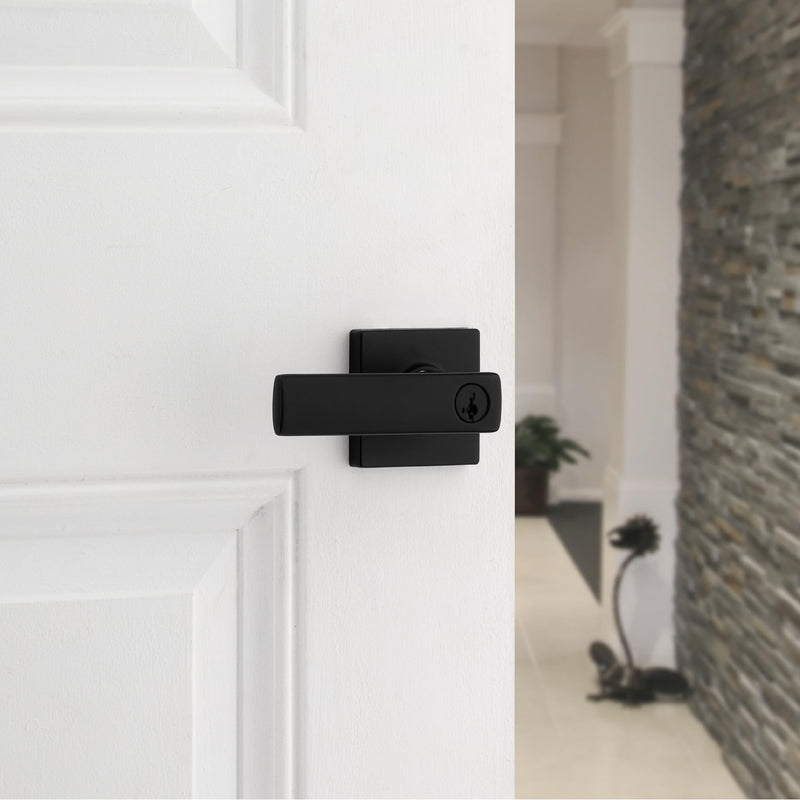 Kwikset Breton Entry Door Handle with Lock and Key, Secure Keyed Reversible Lever Exterior, For Front Entrance and Bedrooms, Matte Black , Pick Resistant Smartkey Rekey Security and Microban 1 Pack Keyed Entry