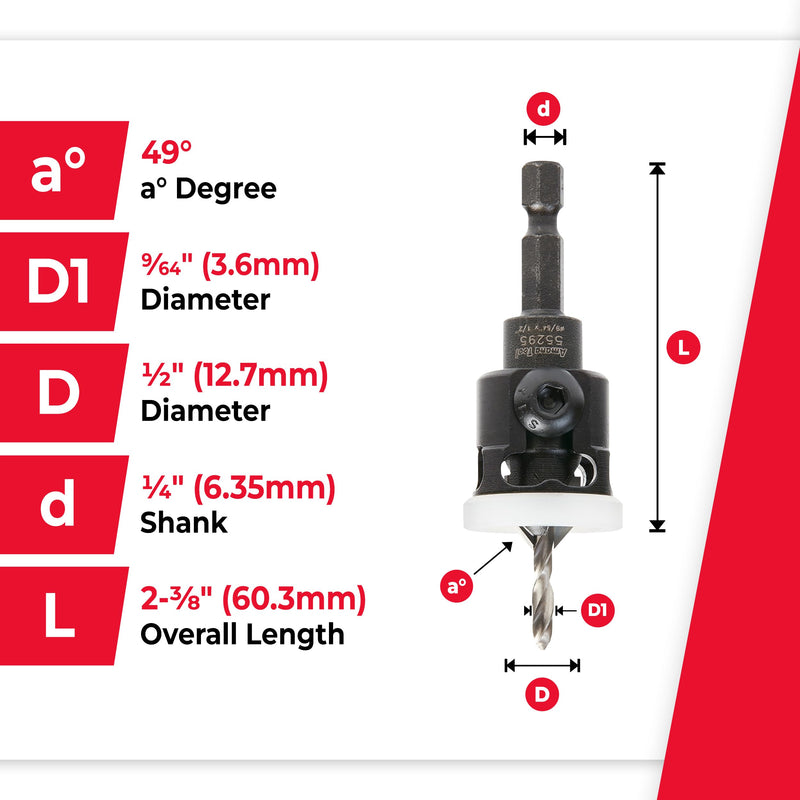 Amana Tool 82 Degree Countersink with Adjustable Low Friction Drill Bit Depth Stop, 55295, 1/2 D x 9/64 Drill D x 1/4 Inch Quick Release Hex Shank