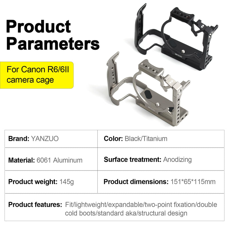 Camera Cage for Canon EOS R6 Mark II / R6, Lightweight 6061 Aluminum Alloy Modular Design R6 II Camera Rig Protective Frame with Arca Swiss Quick Release, Cold Shoe Mount (Black R6/R6II) Black R6/R6II