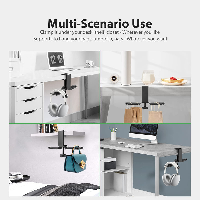 Dual Headphone Stand Hanger Under Desk, 360 Degree Rotating PC Gaming Headset Holder Aluminum Clamp Hook Space Save Mount, Universal Fit All Headphones, Black