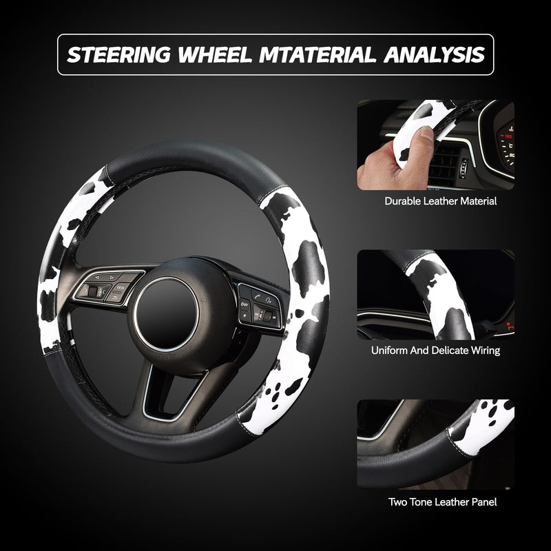 ZHOL 16 inch Steering Wheel Cover Cow Print, Breathable Microfiber Leather Compatible Large-Size for F150 F250 F350 Ram 4Runner Tacoma Tundra Range Rover Model Car Accessories for Women Men Black+White Large Size[15.5"-16"]