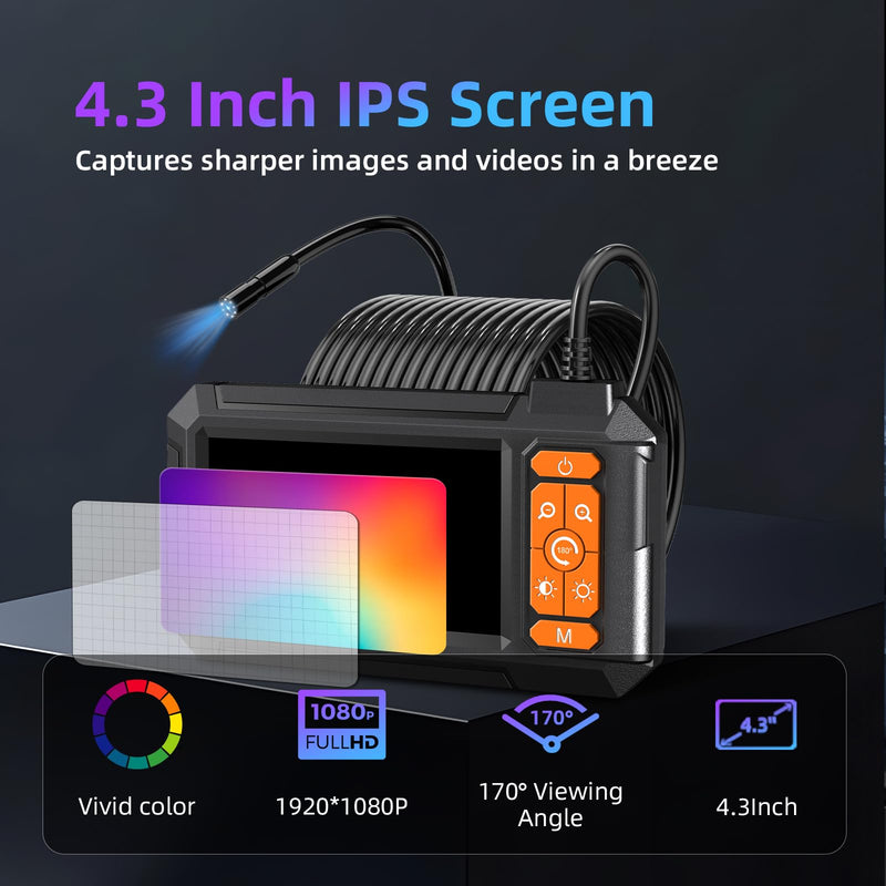 Daxiongmao Borescope Camera, 1080P HD IP67 Waterproof Endoscope with LED Light, 4.3" IPS Screen Flexible Snake Camera for Automotive Engine, Pipe, Wall & Vent InspectionI 4.3" P410 Borescope