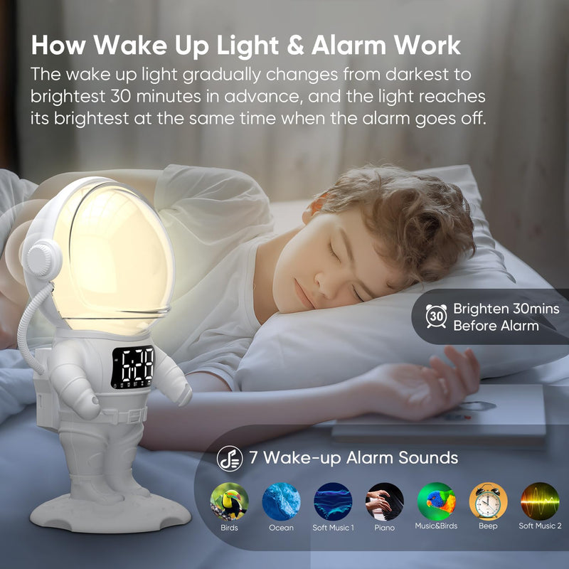 Astronaut Sunrise Alarm Clock for Kids, White Noise Sound Machine with 30 Soothing Sounds, 22 Dimmable Nightlights, Bluetooth Speaker, Dual Digital Alarm Clocks, Wake Up Light for Bedroom, Adults White+remote Control