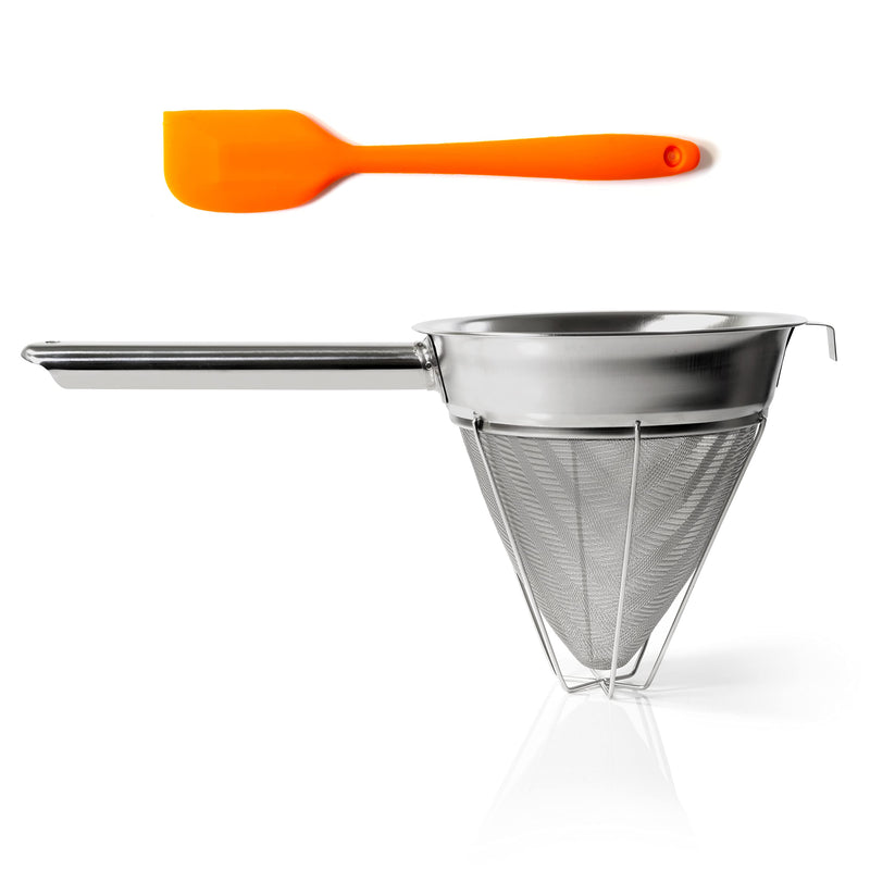 Bouillon Strainer - Stainless Steel Fine Mesh Metal Food Chinois, Cone Separator, Kitchen Colander Sieve for Sauce Jam Jelly Tea, 8" - With Spatula