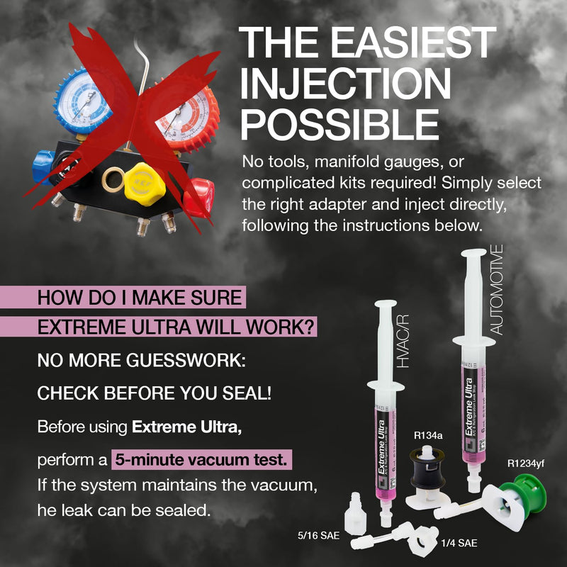 Extreme Ultra | A/C Leak Stop for HVAC/R Systems Up to 6 Tons (21 kW) | Works with All Refrigerants and Lubricants | Includes 1/4 SAE and 5/16 SAE Adapters | 0.2 fl oz (6 mL) Cartridge