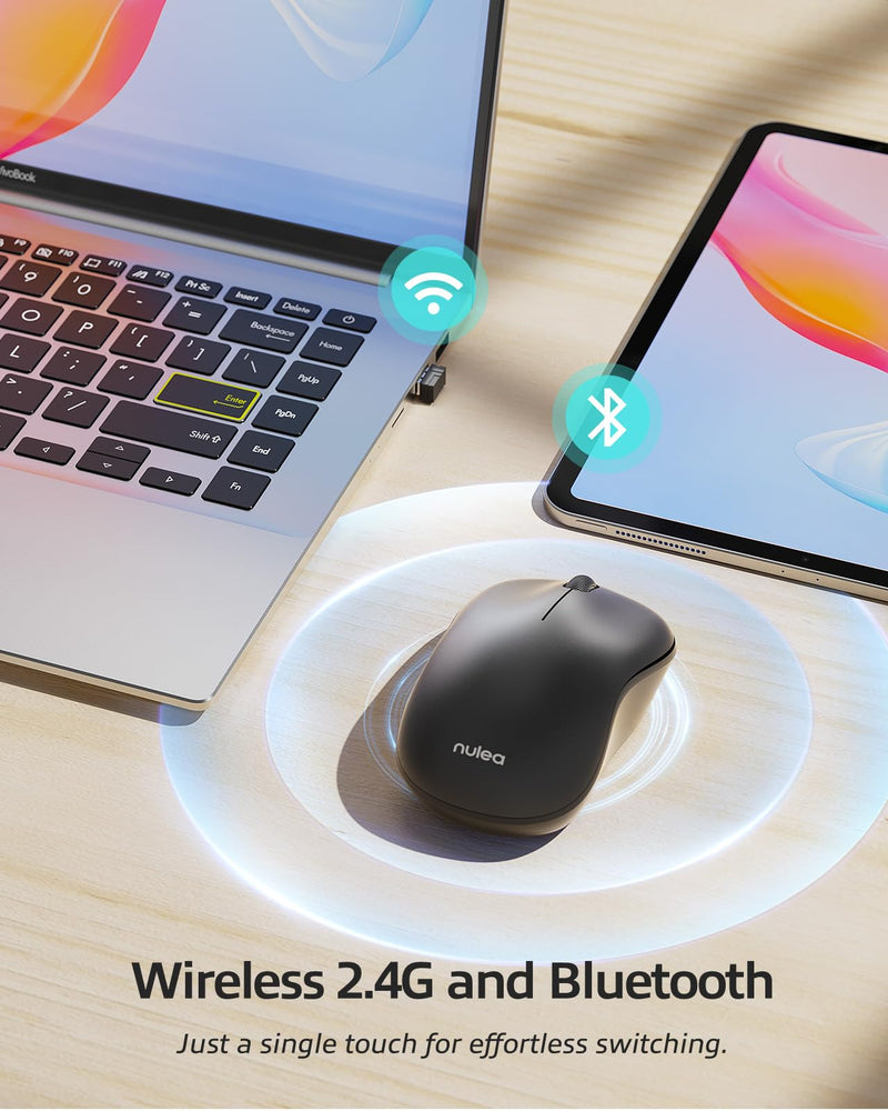 Nulea Wireless Bluetooth Mouse, Dual Mode Connectivity (Bluetooth 5.0 & 2.4G USB) Computer Mouse, Sleek, Portable, Compact Design in 10 Colors for iPad, Laptop & PC Use (Black) Black