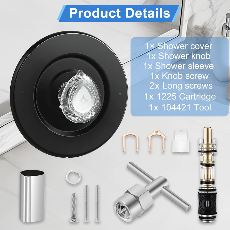 Matte Black Shower Trim Kit, Compatible with Moen T470 Chateau Shower Trim Kit for 1225 Trim Kit, With 1225 Replacement Cartridge, 104421 Removal Tool, Escutcheon, Tubes, Shower handle and Screws