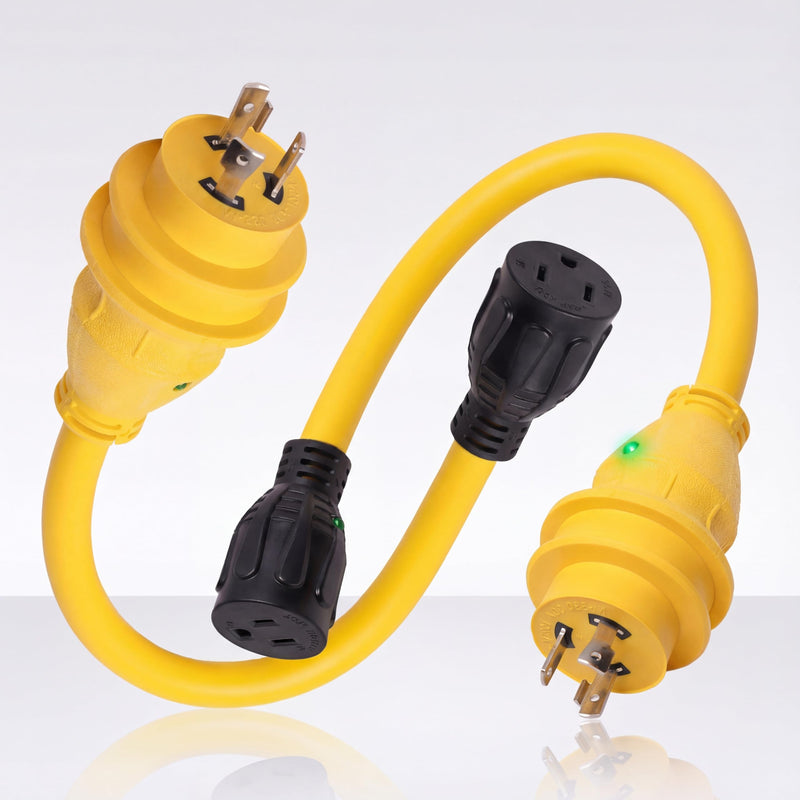 NAT 30 amp to 110 Adapter︱NEMA L5-30P to 5-15R Shore Power Cord 1.5FT︱30A to 15A with LED︱Indicator Heavy Duty 10AWGX3C 100% Copper︱STW UV & Cold-Resistant Jacket (30M/15F)