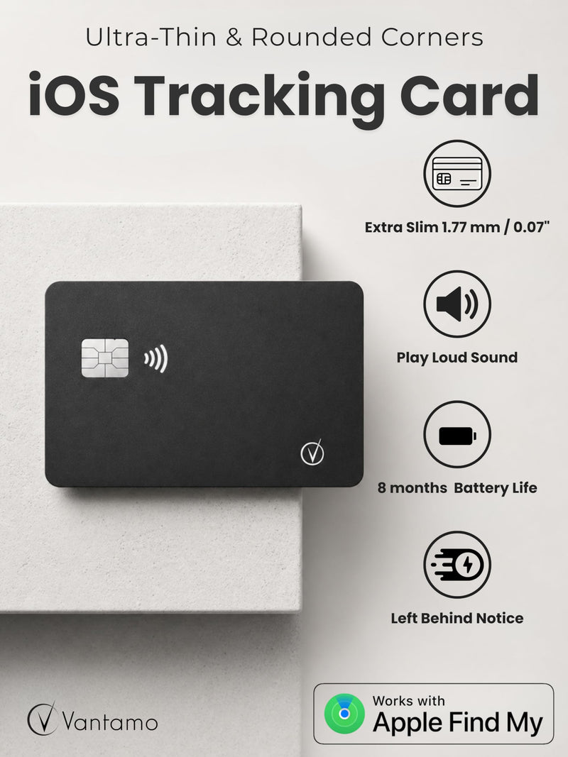 Vantamo Ultra-Thin Wallet Tracker Card, Apple MFi Certified, IP68 Waterproof Bluetooth Smart Card Wallet Tracker & Passport, Works with Apple Find My, Wireless Charging, iOS Only Credit Card without Pattern