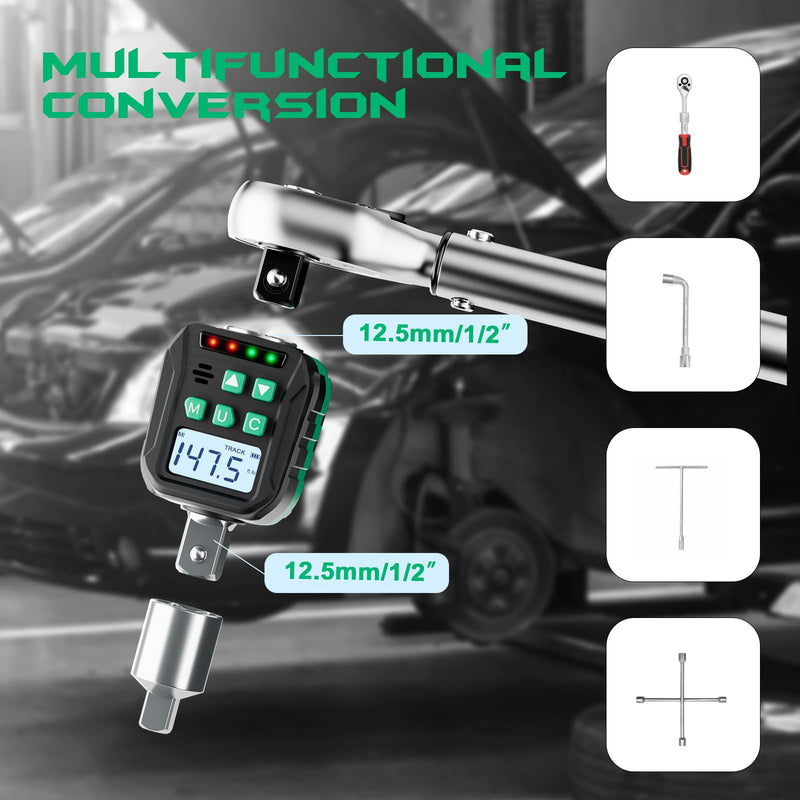 1/2-Inch Digital Torque Adapter, 7.38-147.5 Ft.lb/10-200 N.m, Electronic Torque Wrench Converter with ±2% Accuracy, Preset Function, Data Storage, 3/8” & 1/4” Adapter for Bike, Moto, Car 1/2-Inch 7.38-147.5 Ft-lb/10-200 Nm