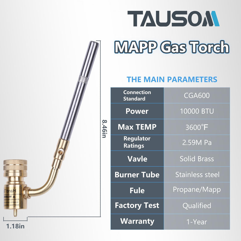 Propane Mapp Gas Torch Head 360° Rotatable Nozzle, Plumbing Torch Heat Adjustable Fuel by Propane Mapp Map-Pro Canisters, High Intensity, Brass Pressure Regulator Gold