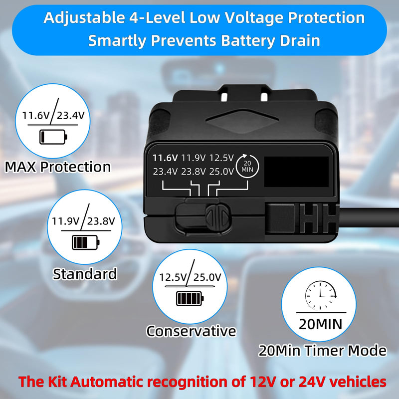 OBD2 to USB C Power Cable for Dash Cam, Plug and Play Dashcam Hardwire Kit with LED Voltmeter, 4-Level Low Voltage Protection (11.6V/11.9V/12.5V/20min), 12V-24V to 5V/3A for Parking Mode, 11.5ft/3.5M 350 centimeters Black